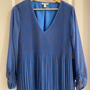 NWT Nine West Womens Blue Balloon Sleeve V-Neck Pleated Blouse Top Size L